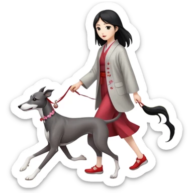 Japanese girl with flowing hair walking a solid grey greyhound with cherry blossoms in the background sticker