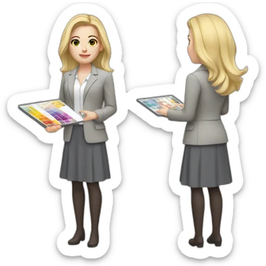 pale skin woman with cold blonde straight middle length hair, White blouse, Gray oversize jacket, Gray skirt holding a color palette in the hands sticker