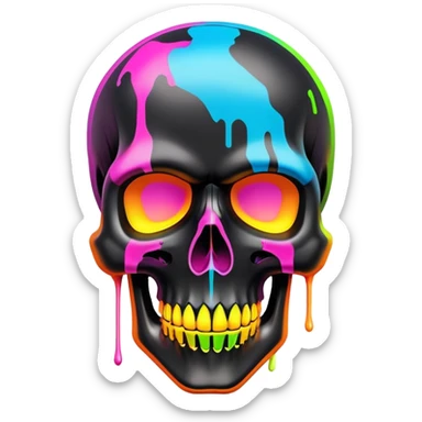 sleek black skull with vibrant neon graffiti tags and famous luxury brand logos spray painted, front view sticker