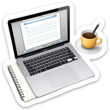 top view of a MacBook, open notebook with notes, and pen beside them sticker