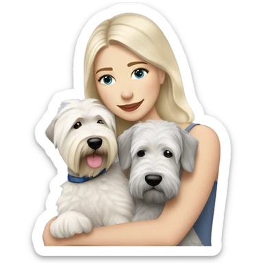 pretty woman blonde hair blue eyes hugging a white and gray soft coated wheaten terrier dog sticker