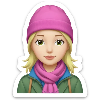 una mujer con: pink beanie, green bufanda and long blue jacket sticker