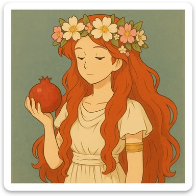 Add a crown of flowers to Persephone's head, keeping the Ghibli style and her red hair, elegant and ethereal. sticker