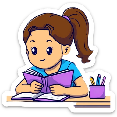 Girl with ponytail reading a notebook while sitting at desk sticker