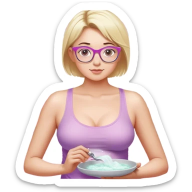 Thick fair skinned woman, short blond hair, small light purple reading glasses, washing dishes, sheer pink tank top, showing natural breast shape SFW, black yoga pants, thick booty sticker