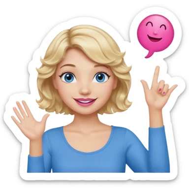 Girl Blonde short wavy hair,  blue eyes, cute blue top, long lashes, pink lips, smiling, hand in the air sticker
