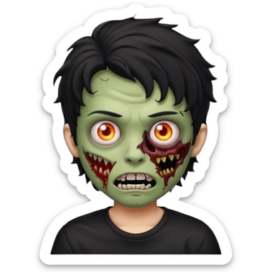 a boy with wavy hair, a zombie-shaped mouth piercing hum, and black hair with a black shirt too sticker