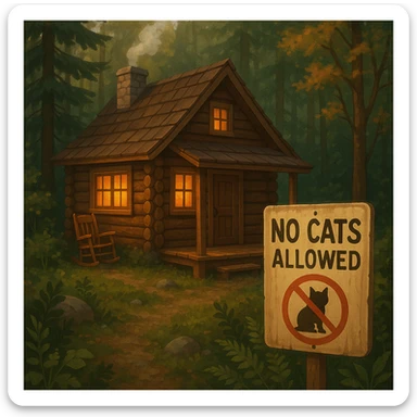 cozy cabin in the woods with a 'No Cats Allowed' sign, surrounded by nature sticker