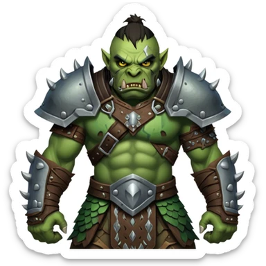 Cinematic Realistic WoW Orc Warrior Portrait, captured in a dynamic, battle-ready stance, muscles bulging beneath intricately detailed tribal armor accented with dark leather and iron. His fierce, determined eyes and battle-scarred green skin are rendered with dramatic natural lighting and high shine, exuding raw, relentless fury in a fierce combat pose. sticker