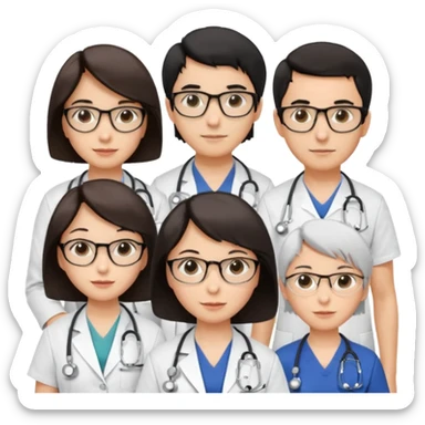 Create four doctors grouped together. Place a female doctor with dark brown short bob hair prominently in the front. Behind her, include:

a doctor with white hair wearing glasses,

a young male doctor with black hair and no glasses,

and a female doctor with black short bob hair wearing glasses. sticker
