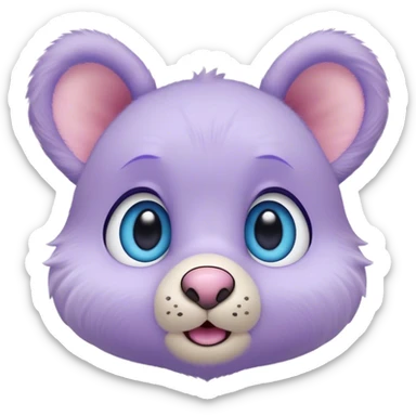 A creature with pastel purple fur and large pixar blue eyes and small ears like a teddy bear. The nose is very small and pink. The base around the eyes, nose and mouth is white, with a blush. sticker