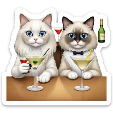 Ragdoll cat drinking martini at the bar with a black and white cat friend sticker