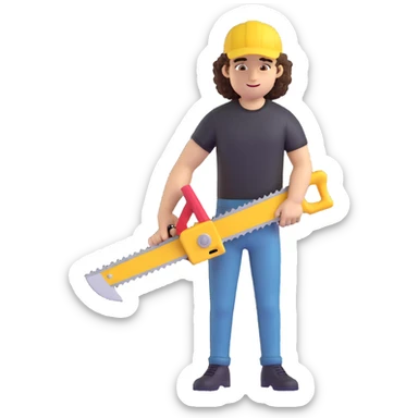 create a character with a saw, cute guy, curly, in a black t-shirt and a yellow cap, in 3d sticker