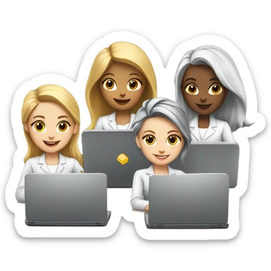team of 6 white skin girls with laptops of Learning and Development in company sticker