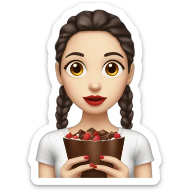 Big eyes dark brown hair red lips long eyelashes woman eating chocolate sticker