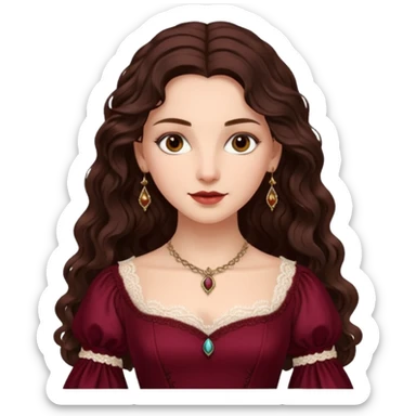 Renaissance lady – long dark brown wavy hair, burgundy gown with lace neckline sticker