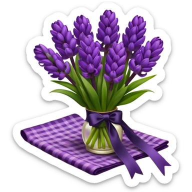 A lush bouquet of bright prple color Hyacinths black satin ribbon, resting on an antique wooden table, with a pale yellow and pink plaid pattern table cloth sticker