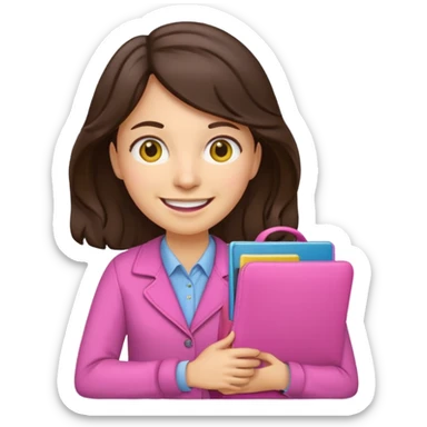 Teacher emoji but : wavy dark brown hair, light western skin, no glasses, dark eyes, with a computer folder in the hand (color is yellow), being a teacher, wearing pink backpack, smile with teeth





 sticker