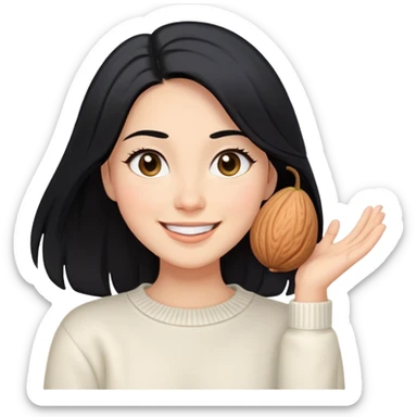 A woman with longer black hair, light to medium skin tone, full cheeks, and almond-shaped eyes, wearing a simple white sweater, joyful and radiant expression, cheerful, smiling. sticker