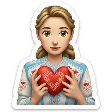 A Ukrainian woman in an embroidered shirt holds a heart in her hands sticker