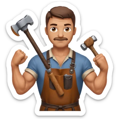 Emoji portrait of a Celtic blacksmith. Work clothes, muscular arms, holding a hammer and wearing a leather apron. sticker