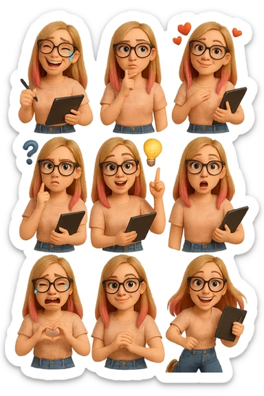 «Создай набор из 12 наклеек в стиле 3D cartoon  женского персонажа (30 лет выглядит моложе)  с прямыми светло русыми волосами до лопаток, яркие розовые пряди в волосах), светлой кожей, большими выразительными голубыми глазами, черные очки для зрения формы кошачий глаз, нос чуть с горбинкой.
Персонаж должен носить пастельную розово-бежевую тай дай футболку, голубые джинсы фасона мом, персонаж должен иметь разные выражения: смех до слез, задумчивость, влюбленность (с сердцами вокруг головы), злость с паром из носа, растерянность (со знаком вопроса), наличие идеи (с зажженной лампочкой), плач со слезами из глаз, удивление с открытым ртом, улыбка и  подмигивание, знак мира рукой, создание сердца руками, бегство со всех ног. Размер картинки не ограниченный, чтобы все наклейки вместились без обрезки. Стиль мультяшный  DreamWorks, мягкий свет, прозрачный фон, и добавь персонажу в руки графический планшет следи чтобы выглядело органично, красиво, не нарушая законы природы и физики, можешь добавить в другую руку перо от графического планшета, если это будет позволять смысл стикера» sticker