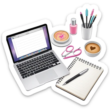 top view of a MacBook with a beauty salon logo on the screen, a notebook with one page filled with notes, and a pen laying on the notebook sticker