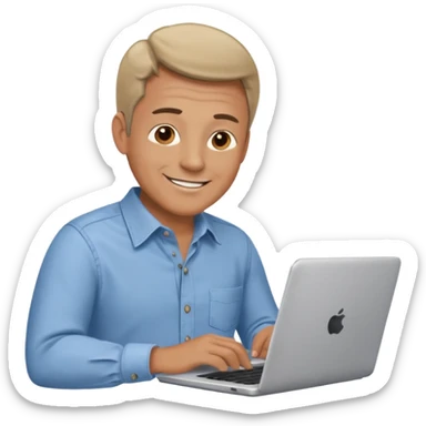 middle aged man looking at laptop and writing and smiling sticker