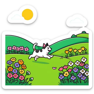 dog chasing cat in a sunny meadow with flowers sticker