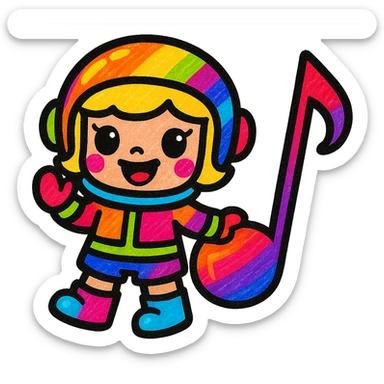 Add more vibrant colors to Popmart Space Molly as a Rednote emoji, keep playful and musical vibe, make helmet, suit, and musical notes multicolored, maintain cute cartoon style, no background. sticker