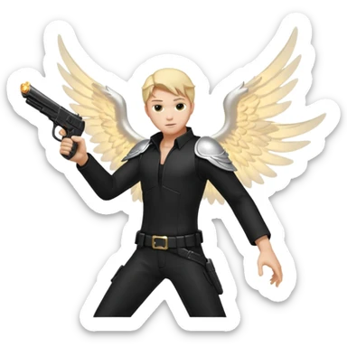 male Angel dual-wielding pistols, shooting, dynamic action pose, glowing wings, black clothes no background














 sticker