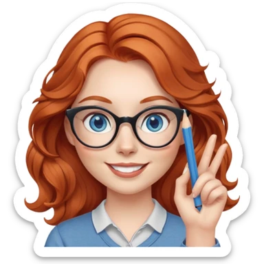 redheaded woman with long wavy hair, blue eyes, cat-eye glasses, casual outfit, holding a pencil, smiling, waving sticker