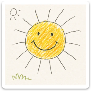 a smiling sun with rays, children's doodle style sticker