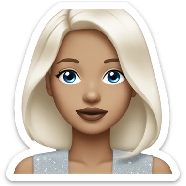 Girl medium length white straight hair, blue eyes, light pink beige glittery lips sticker