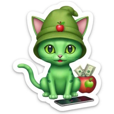 An alien cat with an apple hat with cash all around it sticker