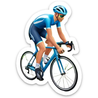 An icon featuring a sleek road bicycle with aerodynamic wheels on a winding mountain road. The background showcases a stunning landscape with rolling green hills, a bright blue sky, and distant peaks. Sunlight casts dynamic shadows, emphasizing motion and speed. Transparent background. sticker