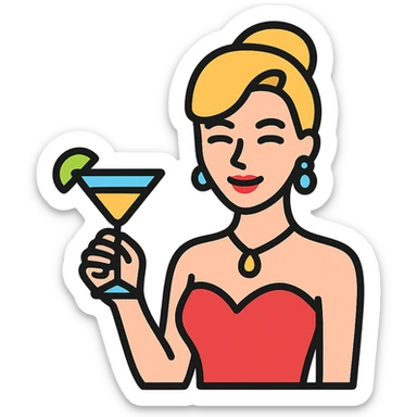 icon of a glamorous cocktail waitress, smiling, holding a drink, elegant and chic, modern icon, color outlined style sticker