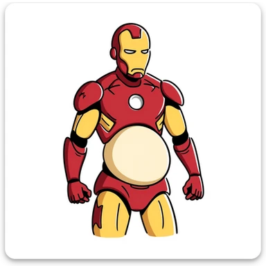 Iron Man superhero with a pregnant belly, iconic red and gold armor suit, arc reactor glowing in chest sticker