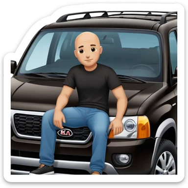 bald man sitting on top of a Kia Mohave SUV sticker