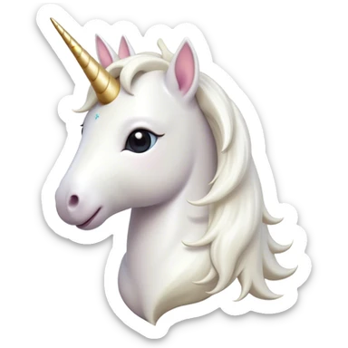 Cinematic Cute White Unicorn Portrait Emoji, Head tilted playfully and inquisitively, featuring a charming, petite form with a silky white color, a delicately flowing mane and tail, and a tiny, sparkling horn, with large, dreamy eyes full of wonder, Simplified yet irresistibly adorable features, highly detailed, glowing with a warm, enchanting glow, high shine, affectionate and lively, stylized with a touch of fairy-tale whimsy, soft glowing outline, capturing the essence of a mischievous yet endearing white unicorn that seems as if it could gallop out of the screen into your heart! sticker
