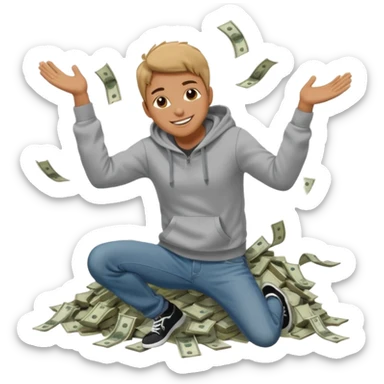casually dress person in jeans and a hoody jumping into a pile of money sticker