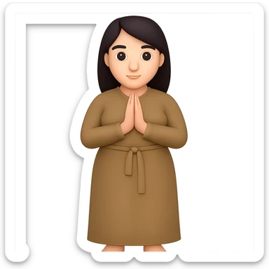Make the woman have a normal, buxom body, standing and praying from the front view, wearing a long tan dress, with dark brown hair, in emoji style. Remove the background completely. sticker