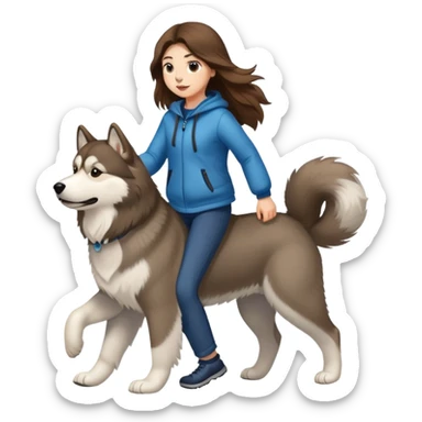 A girl with long brown hair walks an Alaskan sticker