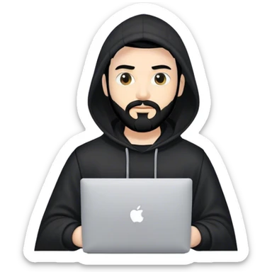 hackeur blanc cheveux noir barbe et capuche noir avec un macbook sticker