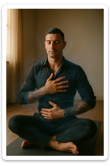 A highly realistic, cinematic portrait of a man in his early 30s with a calm, focused expression, sitting cross-legged on a yoga mat in a softly lit room. His eyes are closed, and he is performing deep diaphragmatic breathing, with one hand resting on his chest and the other on his abdomen, visibly rising and falling with each breath. A subtle glow or faint blue light outlines his body, symbolizing calm energy and nervous system regulation. Around him, faint symbolic waves or flowing lines in blue tones represent the breath calming the autonomic nervous system, while a soft warm light from a window illuminates his relaxed face. The atmosphere is peaceful and grounded, with warm natural tones and a clean, minimalist setting, evoking the feeling of inner calm and nervous system reset through conscious breathing. Style: 35mm hyperrealistic film photography, soft depth of field, warm lighting with clear focus on the man's peaceful face and breathing posture sticker