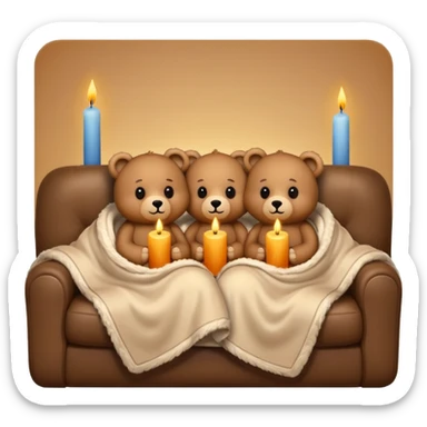 Two cozy teddy bears wrapped in a blanket watching tv on couch with candles next to them sticker