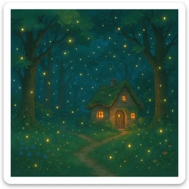 whimsical forest scene with glowing fireflies and a small cottage sticker