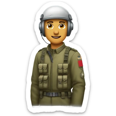 Homme militaire blanc avec des cheveux bruns. Il porte un équipement bariolé et un casque  sticker