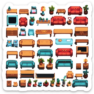 detailed furniture elements in pixel art style sticker