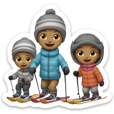 Infant skiing with its family of five, and one grey striped cat sticker